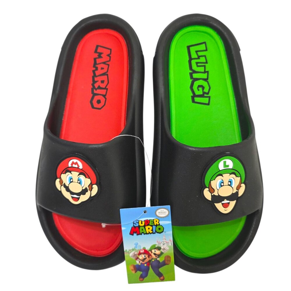 Nintendo Super Mario Slides Sandals Kids Size 3 & 5 Mario Luigi Black Green